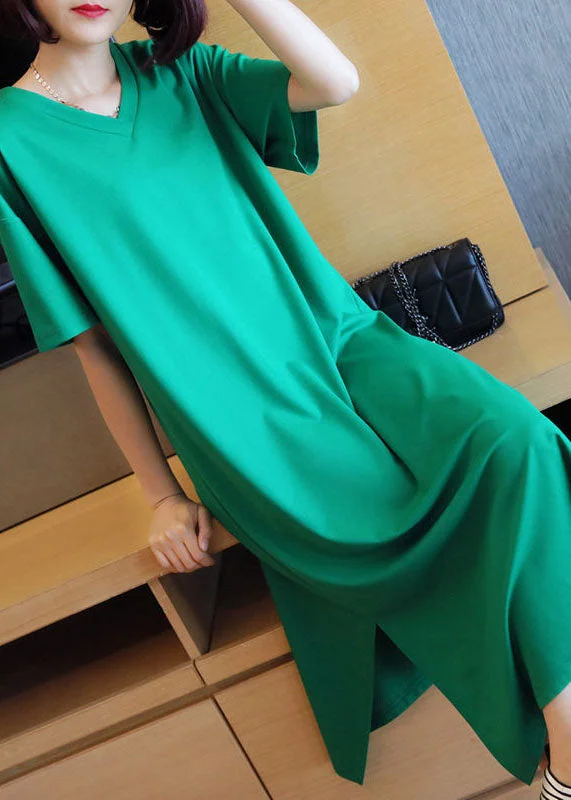 winter dresswinter dressBohemian Green V Neck Side Open Cotton Long Dress Summer