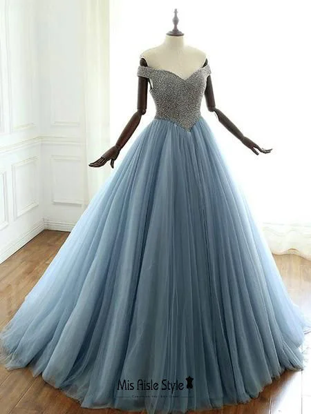 comfy dresscomfy dressBall Gown Off Shoulder Sleeve Beaded Dusty Blue Prom Gown