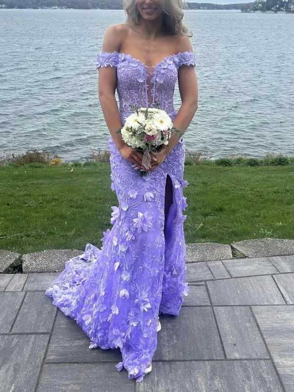 casual summer dresscasual summer dressOff the Shoulder Mermaid Lilac Lace Floral Long Prom Dresses, High Slit Purple Lace Formal Graduation Evening Dresses with Flowers SP3094