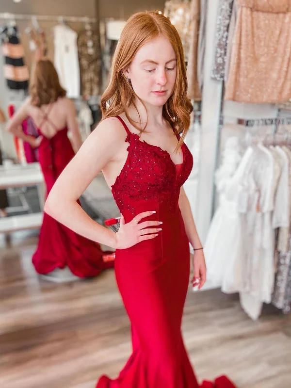 Huge Discounts Mermaid V Neck Backless Red Lace Long Prom Dresses, Mermaid Red Lace Formal Dresses, Mermaid Red Evening Dresses