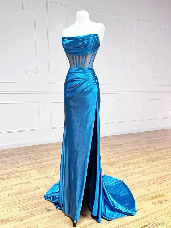 flowy dressflowy dressPrincess Mermaid Blue Satin Long Prom Dresses with High Slit, Mermaid Blue Formal Dresses, Blue Evening Dresses SP2720