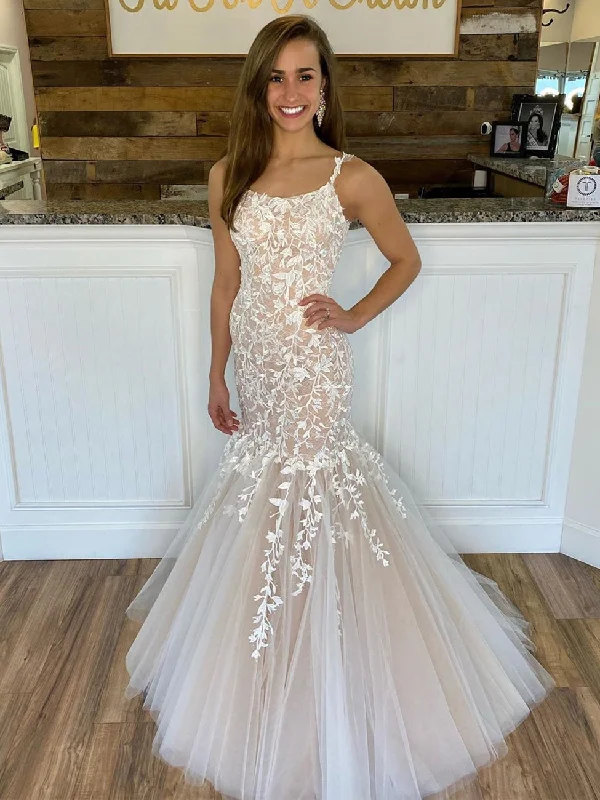 Doorbuster Deal Custom Made Mermaid Lace Champagne Long Prom Dresses, Mermaid Champagne Formal Dresses, Champagne Evening Dresses, Wedding Dresses