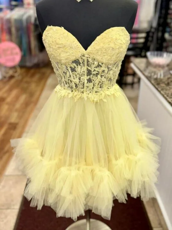 bodycon dressbodycon dressStrapless Sweetheart Neck Yellow Lace Short Prom Dresses, Yellow Lace Homecoming Dresses, Yellow Formal Graduation Evening Dresses SP3008