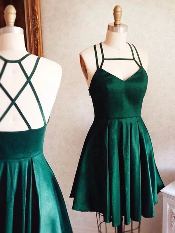 Act Now V Neck Short Hunter Green Prom Dress with Cross Back, Short Hunter Green Formal Graduation Homecoming Dresses