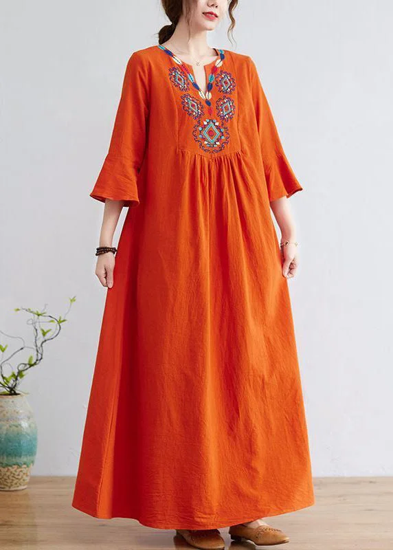 casual shift dresscasual shift dressWomen Orange Embroideried Wrinkled Cotton Maxi Dress Bracelet Sleeve