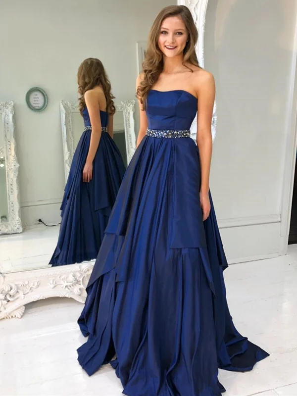Bonus Savings Strapless Navy Blue Satin Layered Long Prom Dresses with Belt, Navy Blue Formal Graduation Evening Dresses SP2215