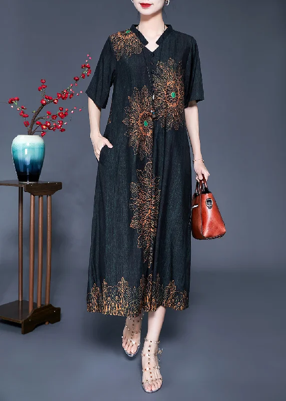 lace dresslace dressBlack Print Silk Long Dress Oversized Pocket Summer