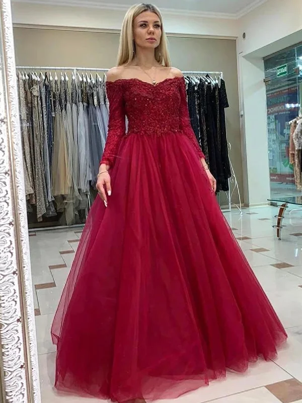 Stock Clearance Off Shoulder Long Sleeves Burgundy Lace Prom Dresses, Long Sleeves Burgundy Lace Formal Dresses, Burgundy Lace Evening Dresses