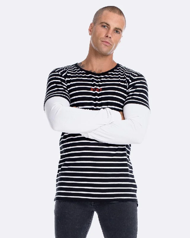 YEAR-End Sale Black & White Stripe Embroidered Logo Long Sleeve T-Shirt