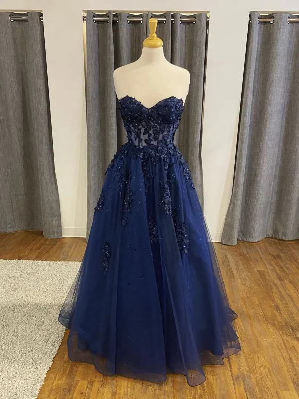 ruffle dressruffle dressStrapless Open Back Navy Blue Lace Beaded Long Prom Dresses, Navy Blue Lace Formal Graduation Evening Dresses SP2473