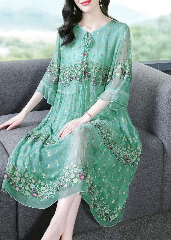 Friends and Family Sale Fine Grass Green Embroideried Patchwork Silk Maxi Dresses Summer