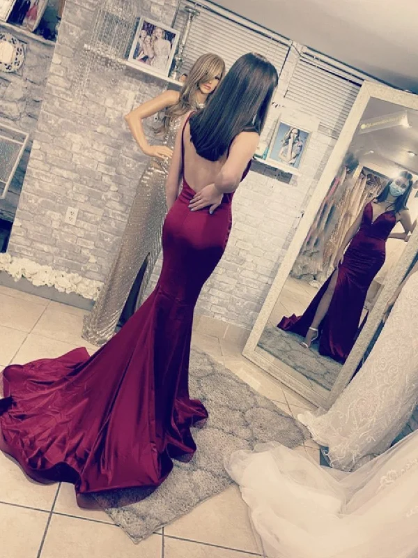 Savings Spectacular Mermaid V Neck Backless Burgundy Long Prom Dresses, Mermaid Burgundy Formal Dress, Burgundy Evening Dress