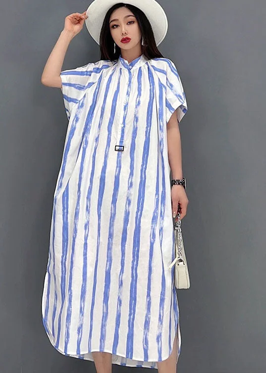 v-neck dressv-neck dressDiy Blue Striped Stand Collar Side Open Cotton Maxi Dresses Short Sleeve