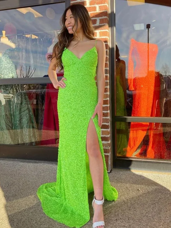 stylish party dressstylish party dressV Neck Mermaid Mint Green Sequins Long Prom Dresses with High Slit, Mint Green Sequins Formal Graduation Evening Dresses SP2600