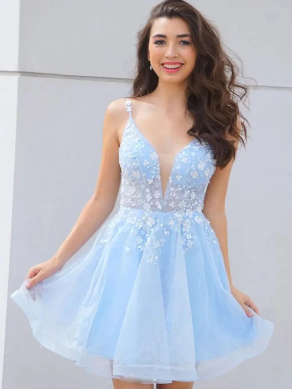 silk dresssilk dressCute V Neck Light Blue Lace Floral Short Prom Homecoming Dresses, Light Blue Lace Formal Graduation Evening Dresses SP2112