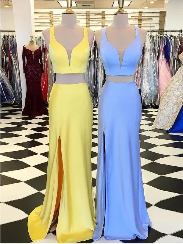 Friends and Family Sale Simple Blue/Yellow Mermaid Two Pieces Satin Long Prom Dresses with Leg Slit, Two Pieces Blue/Yellow Formal Dresses, Evening Dresses Friends and Family Sale Simple Blue/Yellow Mermaid Two Pieces Satin Long Prom Dresses with Leg Slit, Two Pieces Blue/Yellow Formal Dresses, Evening Dresses
