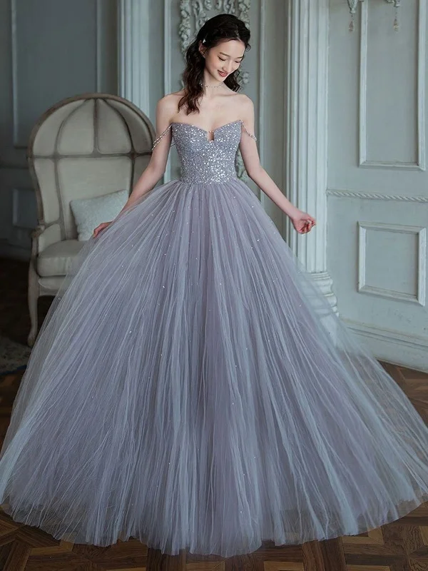 TIME-Limited Offer Gorgeous Off the Shoulder Gray Beaded Long Prom Dresses, Off Shoulder Gray Formal Evening Dresses, Beaded Gray Ball Gown