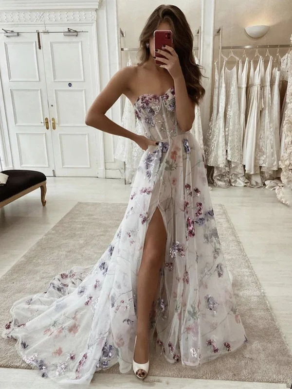 Buy More, Save More Strapless Purple Floral Long Prom Dresses with Slit, Purple Floral Formal Evening Dresses Buy More, Save More Strapless Purple Floral Long Prom Dresses with Slit, Purple Floral Formal Evening Dresses