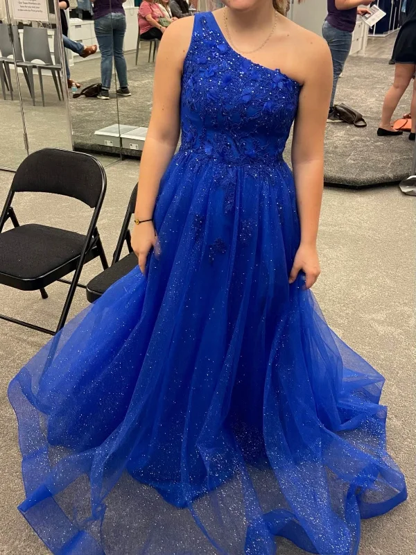 sleek dresssleek dressShiny Tulle One Shoulder Blue Lace Long Prom Dresses, One Shoulder Blue Formal Dresses, Blue Lace Evening Dresses SP3075