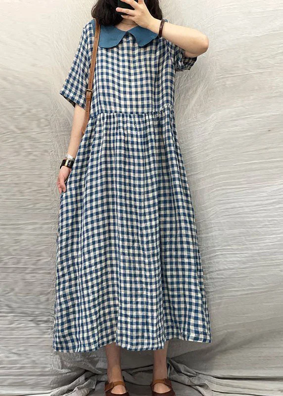 Online Exclusive Plus Size Blue Peter Pan Collar Plaid Linen Dresses Summer