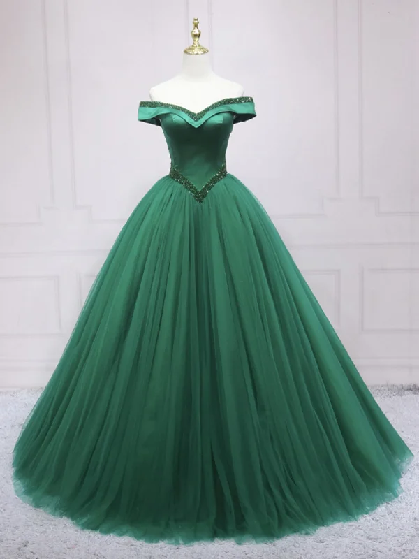 Hurry In Gorgeous Off Shoulder Beaded Green Long Prom Dresses, Green Formal Evening Dresses, Ball Gown SP2517
