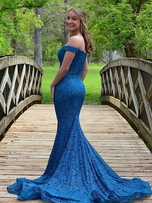 trendy bodycon dresstrendy bodycon dressOff Shoulder Mermaid Blue Lace Long Prom Dresses, Mermaid Blue Formal Dresses, Blue Lace Evening Dresses SP2181