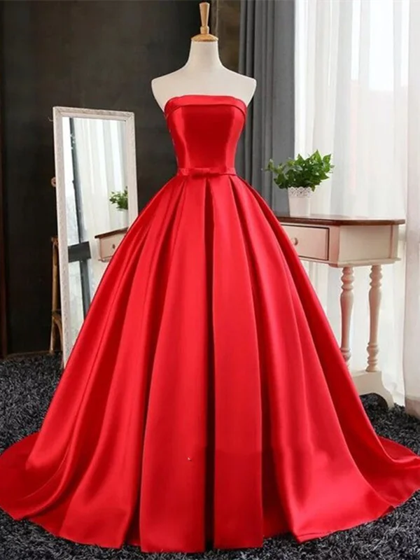 Act Now Custom Made Simple Ball Gown Strapless Sweep Train Red Ruched Prom Dress With Bow