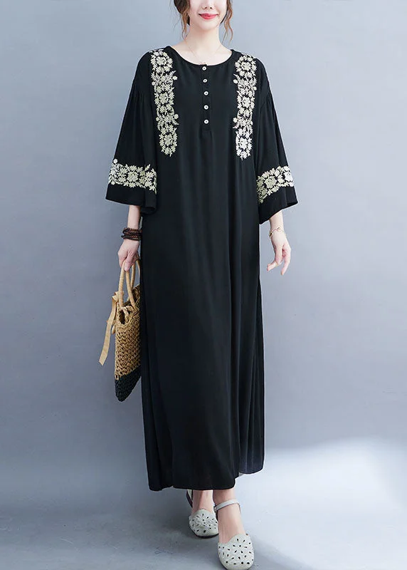 A-line dressA-line dressNatural Black Embroideried Cotton Holiday Dress Bracelet Sleeve