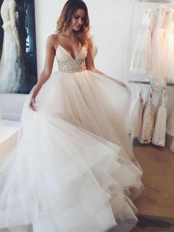 Best Bargains Elegant V Neck Straps Beaded White Prom Dresses, White Formal Dresses