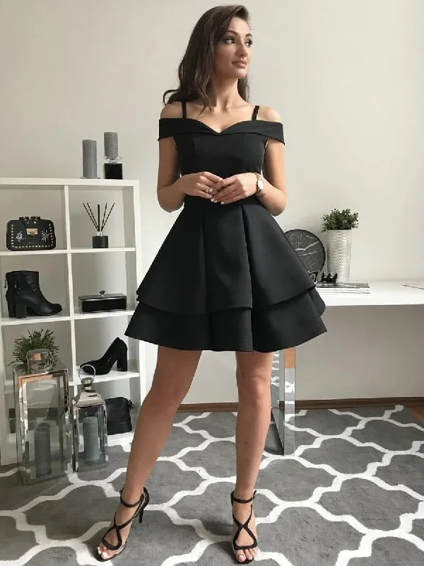 Hurry In Cute Off Shoulder Layered Black Short Prom Dresses, Off Shoulder Layered Black Homecoming Dresses, Black Graduation Dresses, Evening Dresses