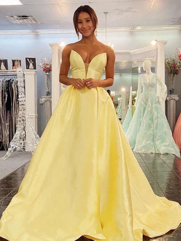 Reduced Prices V Neck Backless Strapless Yellow Long Prom Dresses, Backless Yellow Formal Graduation Evening Dresses SP2278 Reduced Prices V Neck Backless Strapless Yellow Long Prom Dresses, Backless Yellow Formal Graduation Evening Dresses SP2278