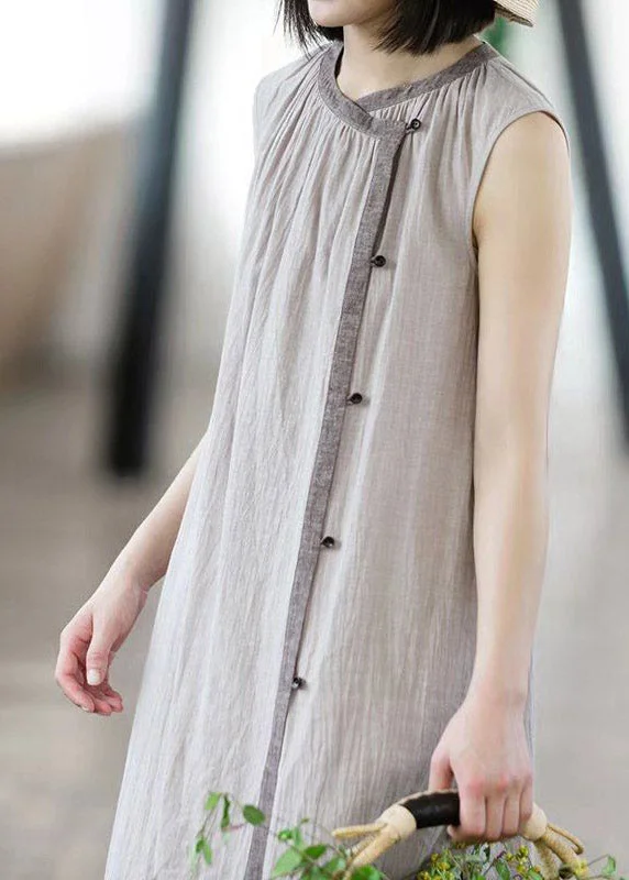 elegant shift dresselegant shift dressBrief Khaki O-Neck Button Linen Long Dress Sleeveless