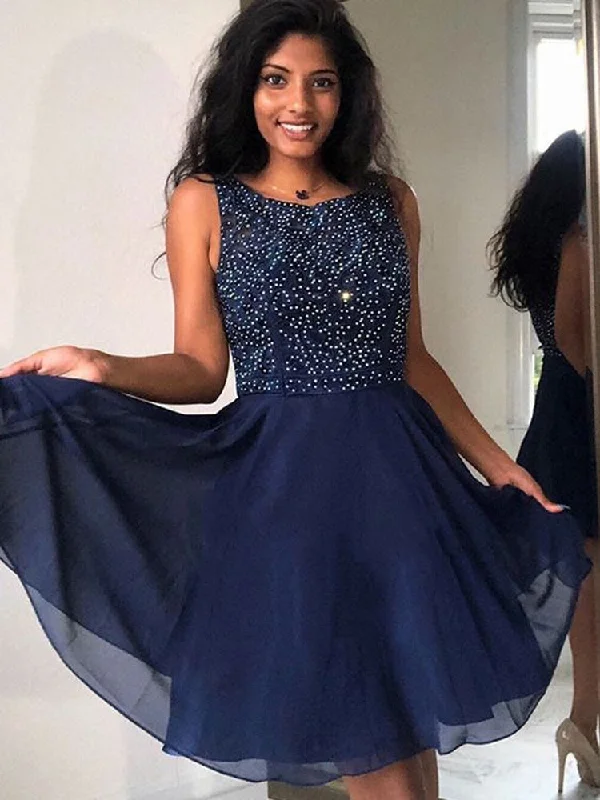 Price Blitz Cute A Line Round Neck Beaded Navy Blue Short Prom Dresses Homecoming Dresses, Navy Blue Formal Dresses, Graduation Dresses