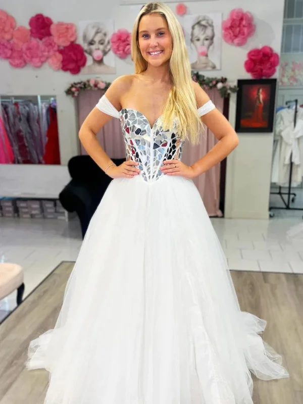 sleeveless dresssleeveless dressOff Shoulder Big Sequins White Long Prom Dresses, Off the Shoulder White Formal Dresses, White Tulle Evening Dresses SP2804