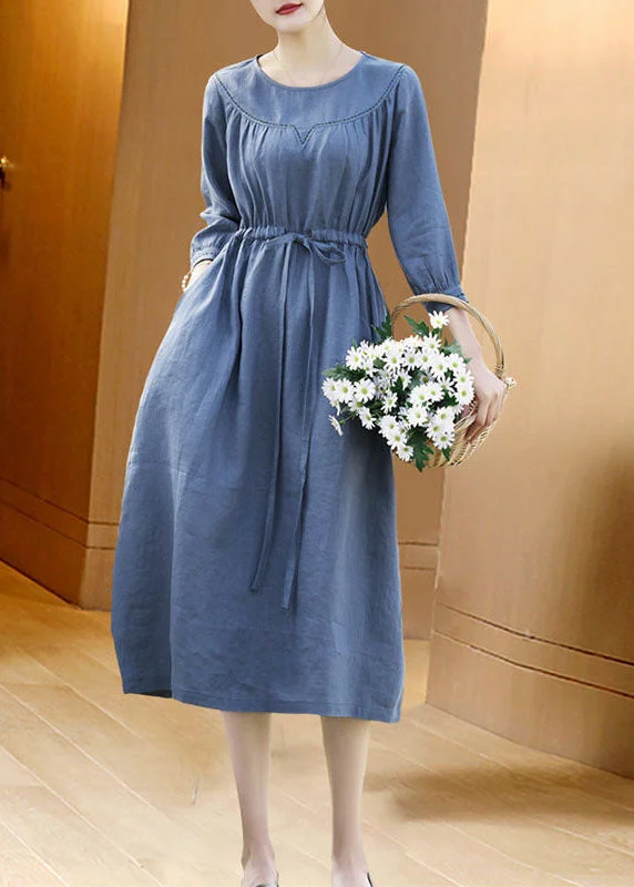 Price Drop Alert Fitted Blue O-Neck Tie Waist Linen Vacation Dresses Bracelet Sleeve