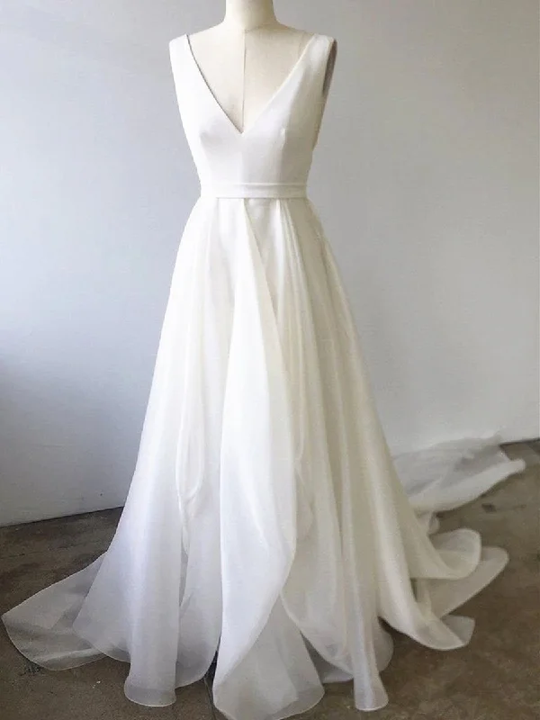 Amazing Deals A Line V Neck White Prom Dresses with Train, V Neck Formal Wedding Dresses with Train, White Evening Dresses Amazing Deals A Line V Neck White Prom Dresses with Train, V Neck Formal Wedding Dresses with Train, White Evening Dresses