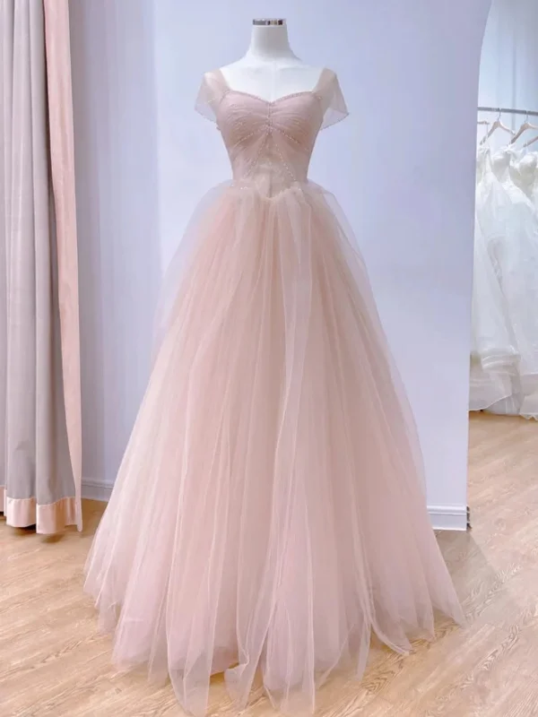 satin dresssatin dressCap Sleeves Beaded Pink Tulle Long Prom Dresses, Long Pink Formal Graduation Evening Dresses SP2914