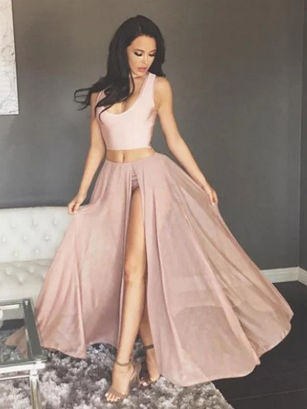 Quick Sale A Line Scoop Neck Two Pieces Chiffon Pink Long Prom Dresses with High Slit, Two Pieces Pink Formal Dresses, Graduation Dresses