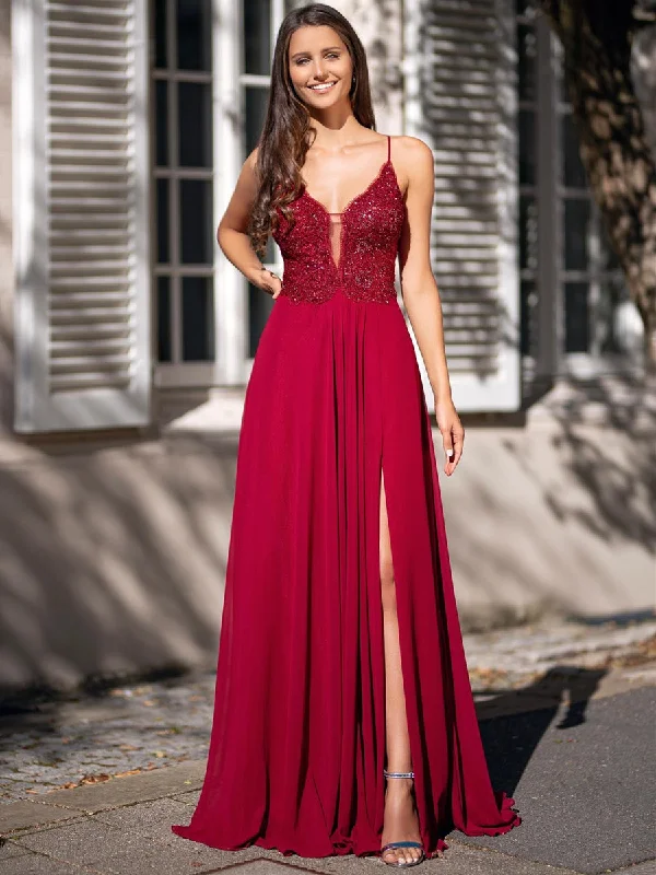 Great Deals Deep V Neck Burgundy Lace Long Prom Dresses with Slit, Burgundy Lace Formal Graduation Evening Dresses