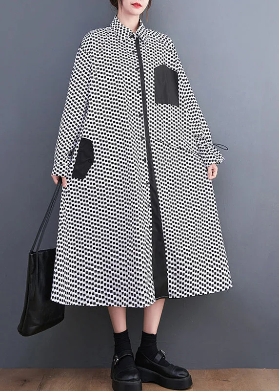 Friends and Family Sale Italian Black Plaid Peter Pan Collar Drawstring Button Holiday Maxi Shirts Dress Fall