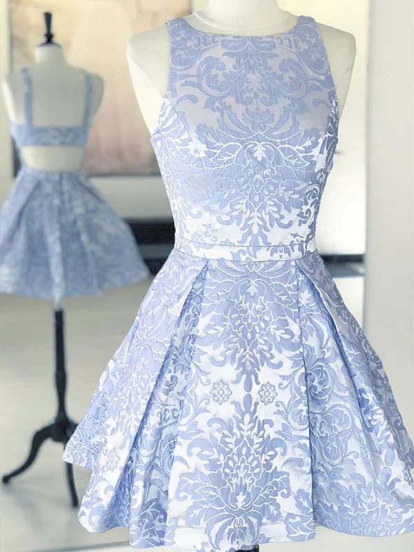Discount Mania A Line Round Neck Open Back Short Blue Lace Prom Dresses, Short Blue Lace Formal Homecoming Graduation Dresses