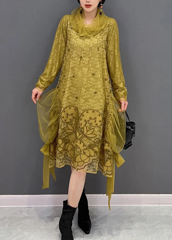 velvet dressvelvet dressChic Yellow Turtleneck Embroideried Tulle Holiday Dress Long Sleeve