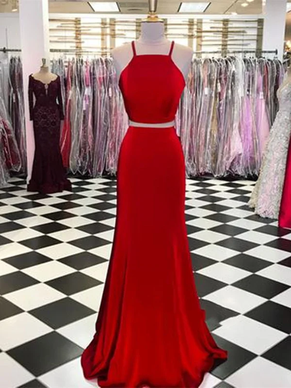 Special Savings Simple Sexy 2 Pieces Red Prom Dress, Red Satin Evening Dress, Red Formal Dress