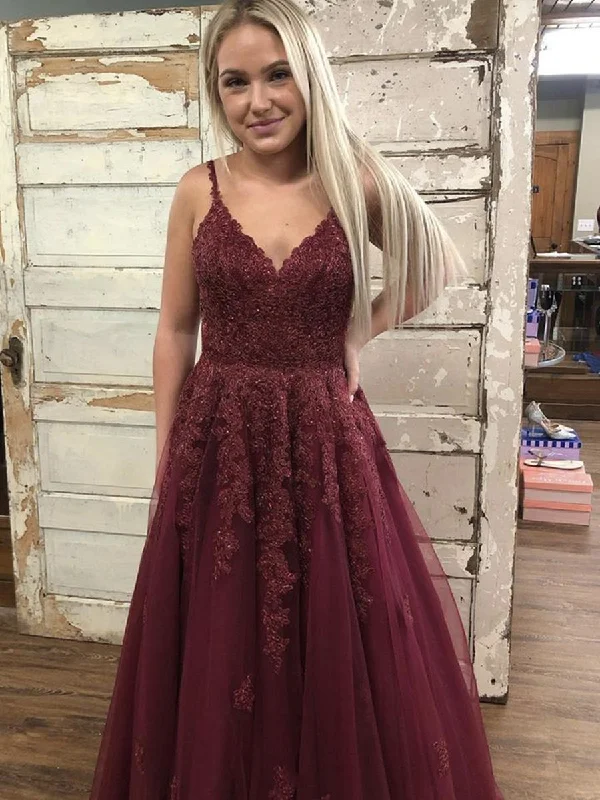 Price Drop A Line V Neck Open Back Burgundy Lace Long Prom Dresses, Backless Burgundy Formal Dresses, Burgundy Lace Evening Dresses