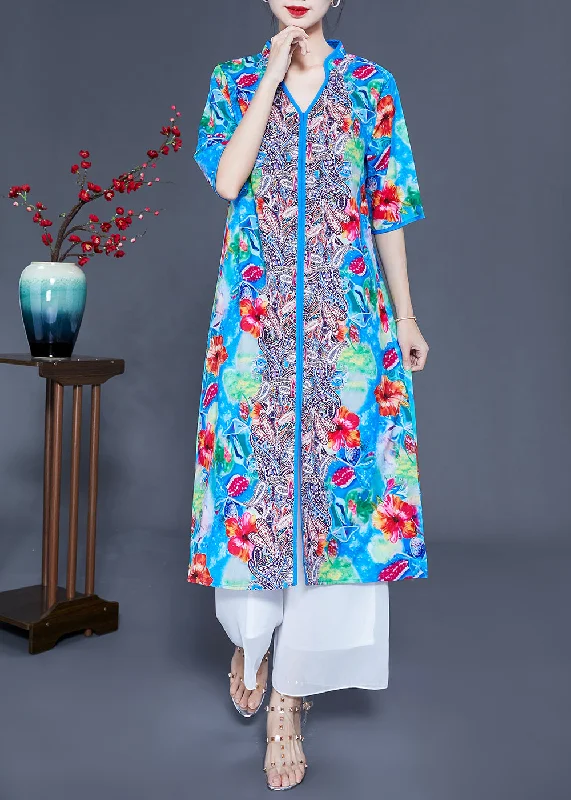 fitted dressfitted dressArt Light Blue V Neck Patchwork Print Side Open Silk Beach Dresses Summer