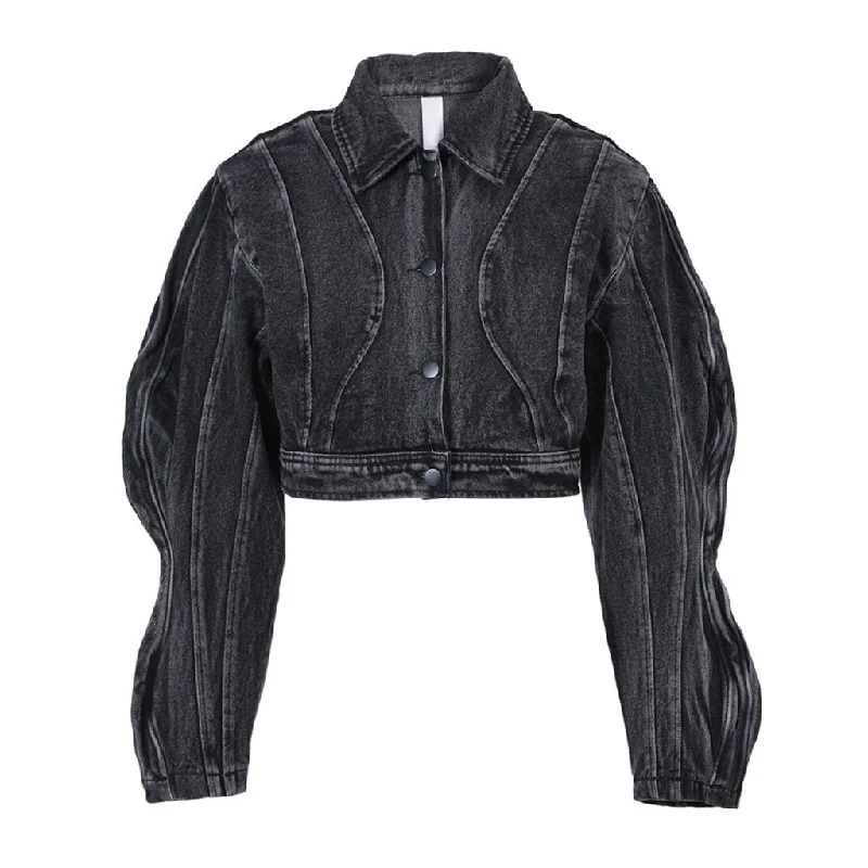 Closeout Cool 3D Wavy Sleeve Folded Collar Button Down Cropped Denim Jacket