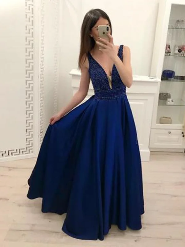 Exclusive Deal A Line V Neck Navy Blue Satin Long Prom Dresses with Beads, Navy Blue Formal Dresses Graduation Dresses, Evening Dresses Exclusive Deal A Line V Neck Navy Blue Satin Long Prom Dresses with Beads, Navy Blue Formal Dresses Graduation Dresses, Evening Dresses