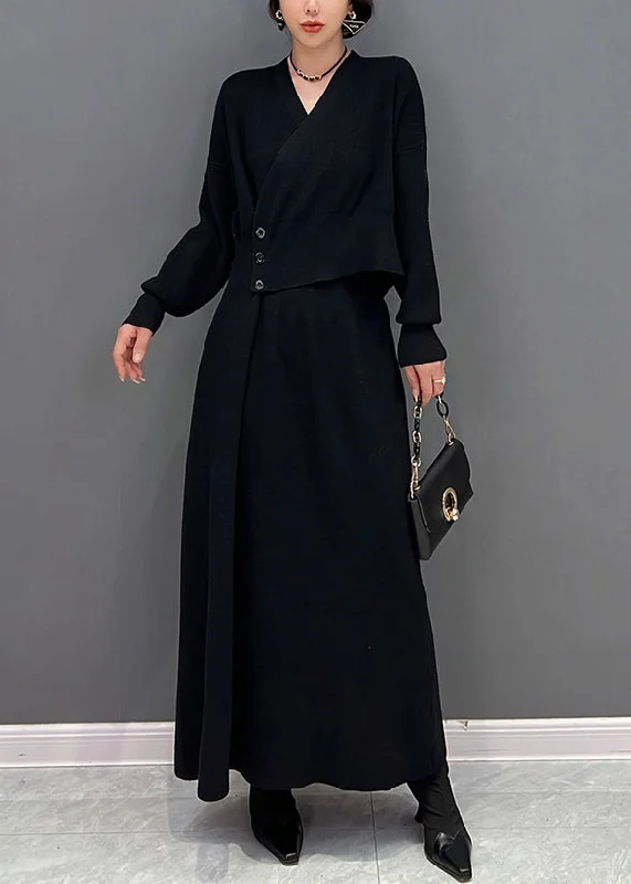 casual slip dresscasual slip dressSlim Fit Black V Neck Button Fake Two Pieces Maxi Dresses Fall