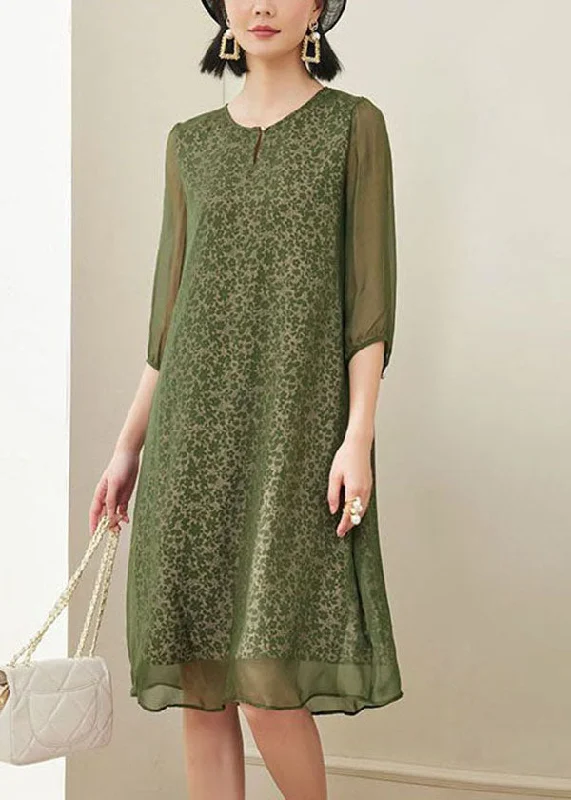 Mega Sale Plus Size Green O-Neck Print Chiffon A Line Dress Half Sleeve