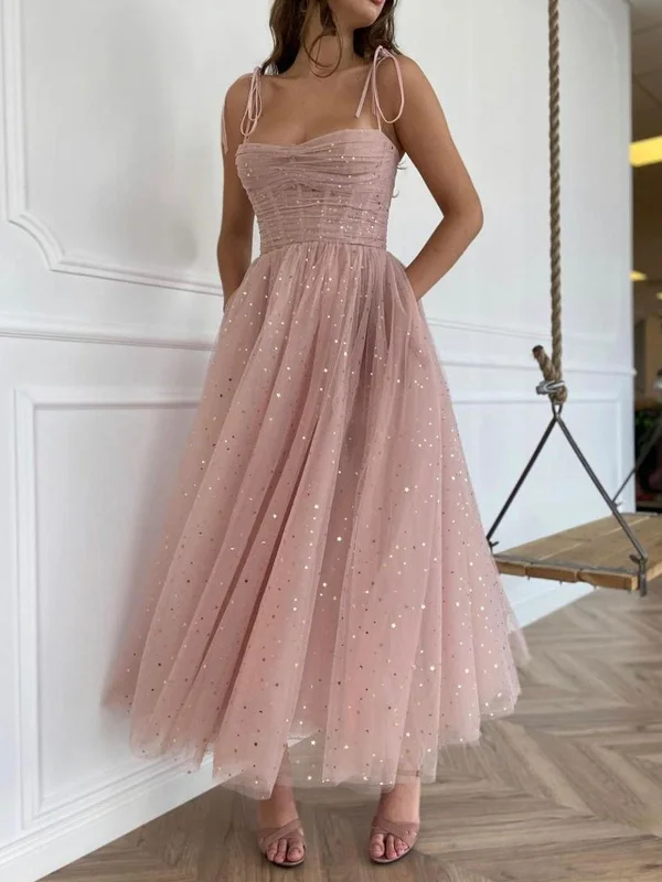 classic fit-and-flare dressclassic fit-and-flare dressSpaghetti Straps Sequins Pink Tea Length Prom Dresses, Shiny Sequins Pink Homecoming Dresses, Pink Formal Evening Dresses